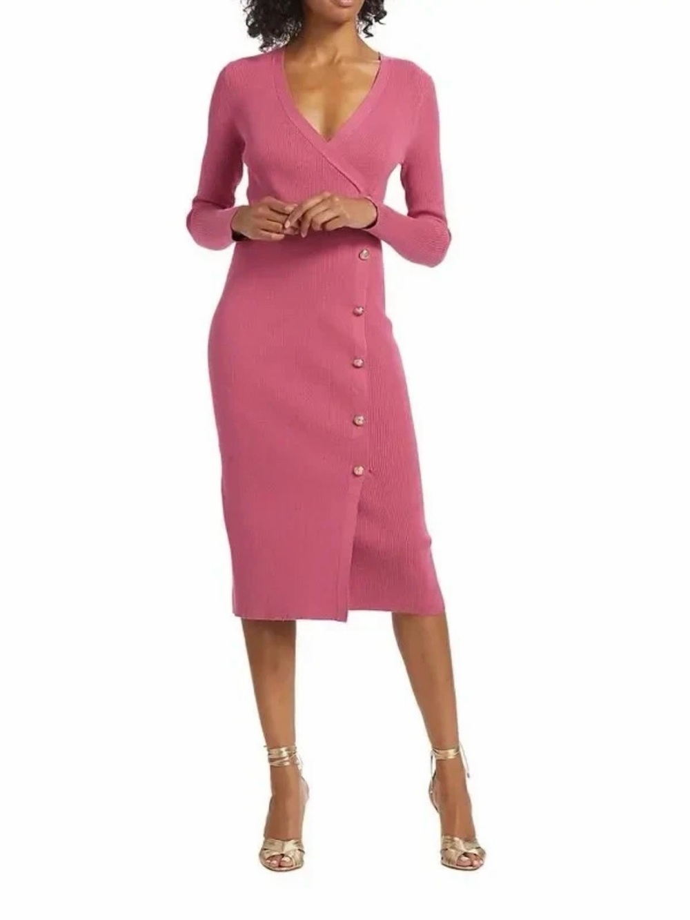 Elie Tahari Rose Pink Ribbed Wrap Midi Dress with Side Buttons